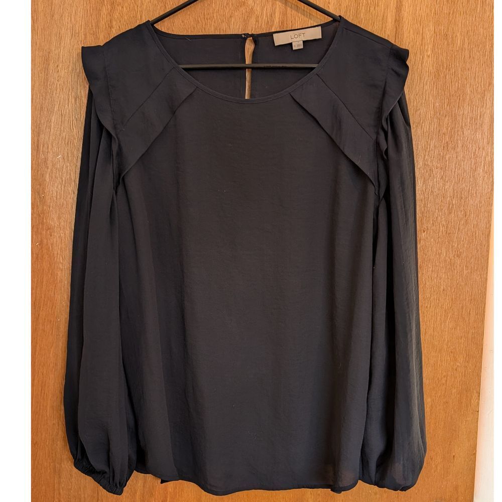 LOFT Elegant Navy Blue Ruffle Shoulder Long Sleeve Blouse Office Work Top XL